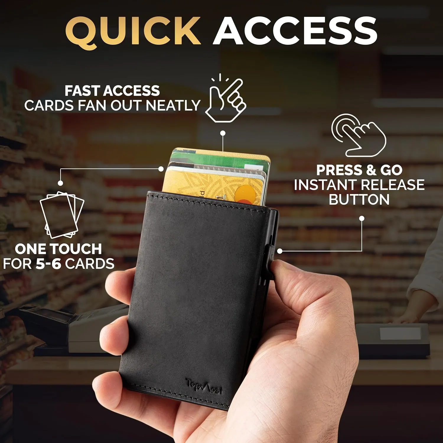 TopMost Genuine Leather Pop Up Wallet for Men, Credit Card Holder, RFID Blocking Ridge Wallets for Men with ID Window, Slim, Minimalist, 5-9 Card Capacity & Cash Slot (Black)