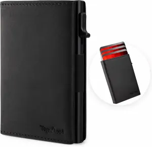 TopMost Genuine Leather Pop Up Wallet for Men, Credit Card Holder, RFID Blocking Ridge Wallets for Men with ID Window, Slim, Minimalist, 5-9 Card Capacity & Cash Slot (Black)