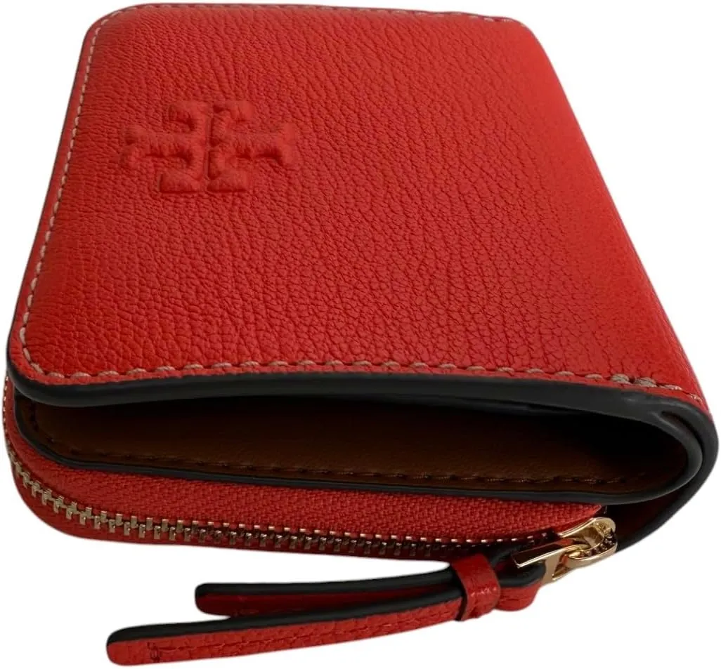 Tory Burch Womens 146463 Pebble Leather Thea Bi-Fold Zip Around Wallet, (Poppy Red)