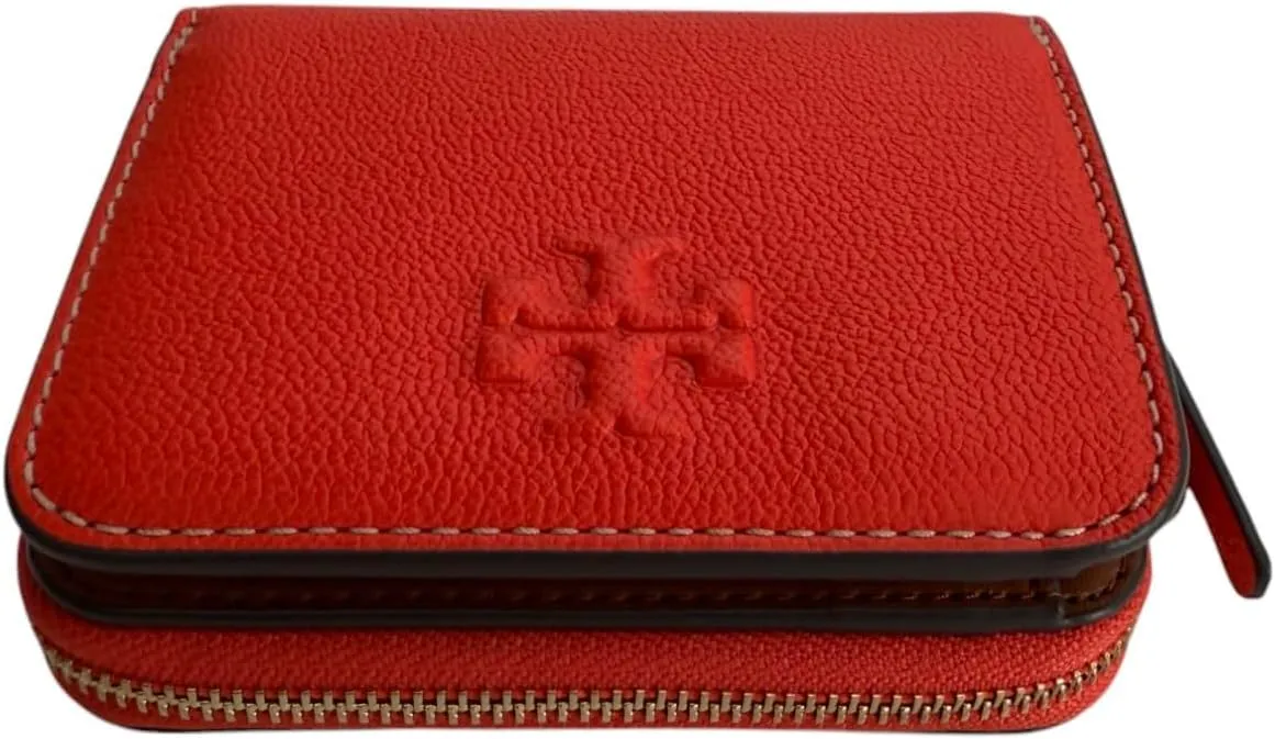 Tory Burch Womens 146463 Pebble Leather Thea Bi-Fold Zip Around Wallet, (Poppy Red)