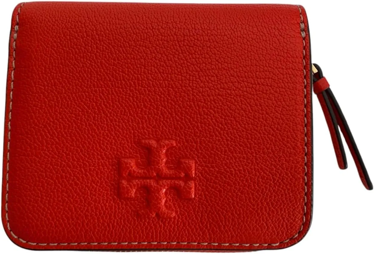 Tory Burch Womens 146463 Pebble Leather Thea Bi-Fold Zip Around Wallet, (Poppy Red)