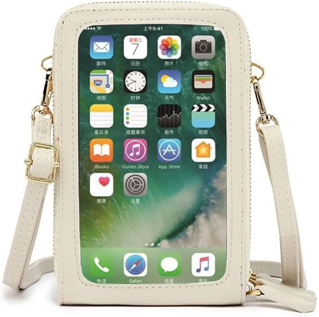 Touch Screen Bag Purse for Samsung Galaxy A2 Core Crossbody Cell Phone Bag for Women Shoulder Handbag Leather Wallet Case with Credit Card Slots Adjustable Shoulder Strap,White