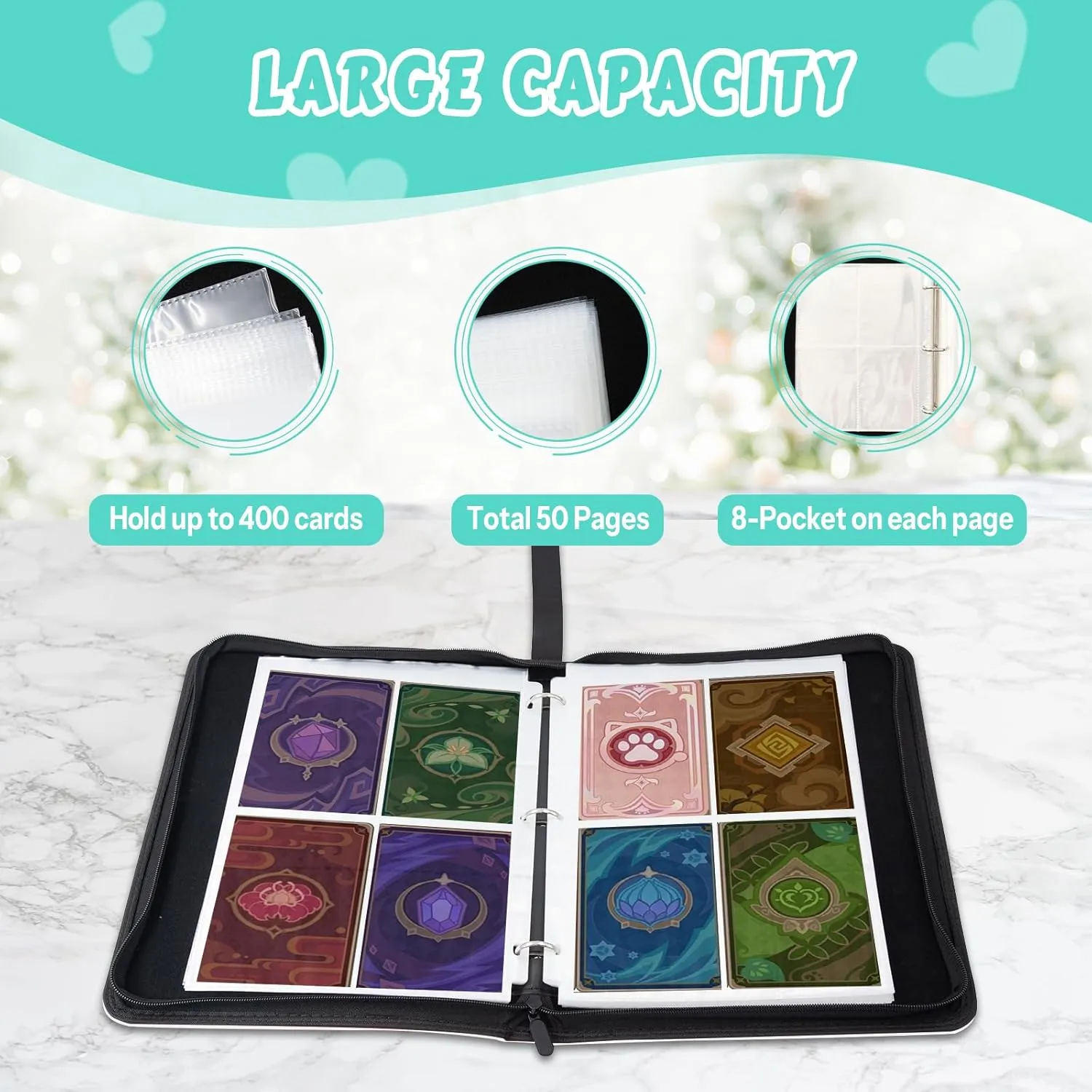 Trading Card Collection Binders Folder for Men Teens, Double-Sided 8-Pocket Card Album with Zipper, Game Cards Binder for Game Lover, Gaming Design Cards Binder for Boys Girls