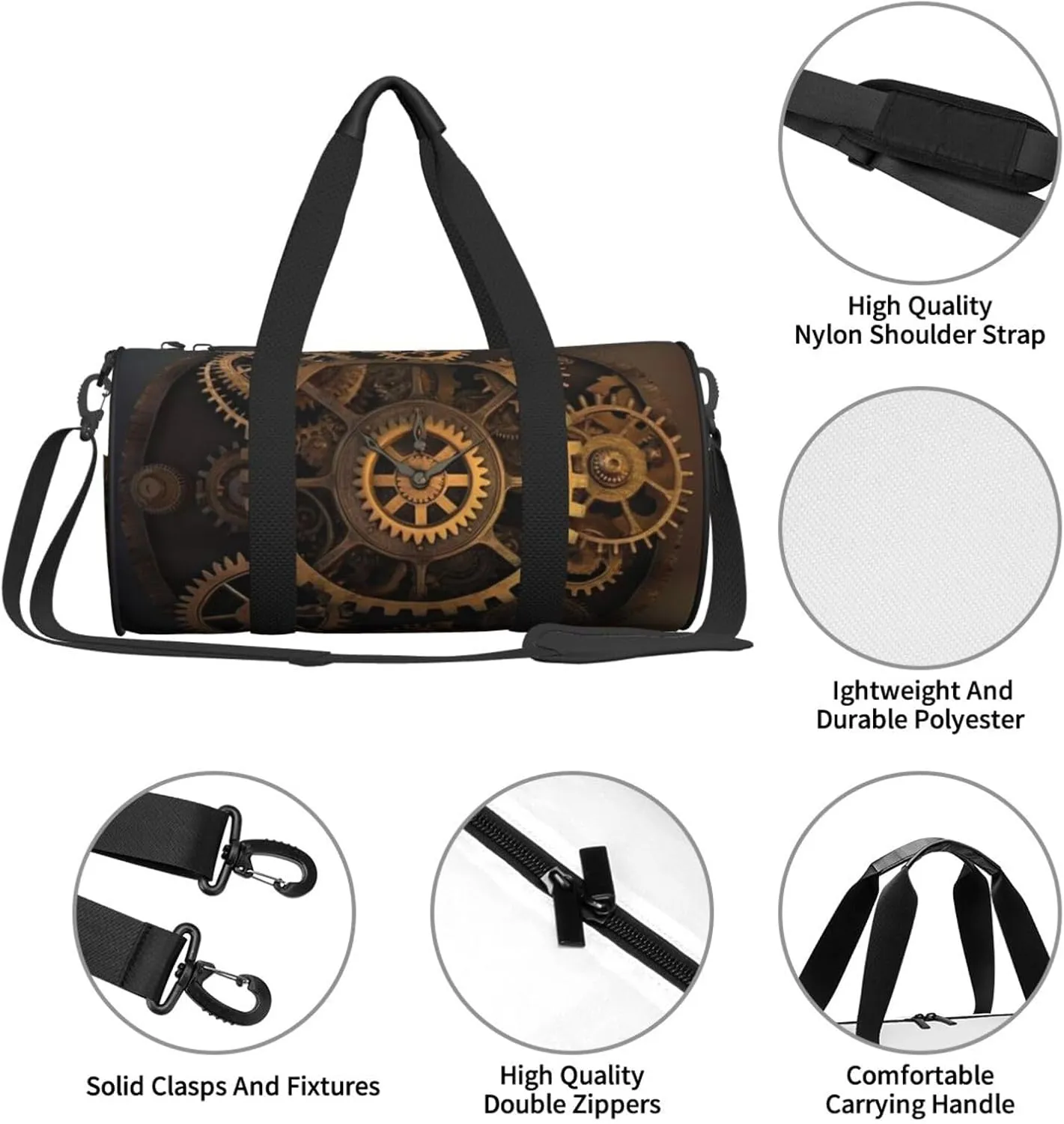 Travel Bag For Women,Gears Clock Bronze Century Print Personal Item Duffle Bags,Weekend Travel Duffel Tote Bag,Travel Sport Gym Bag For Men,Airplane Travel Essentials For Flying