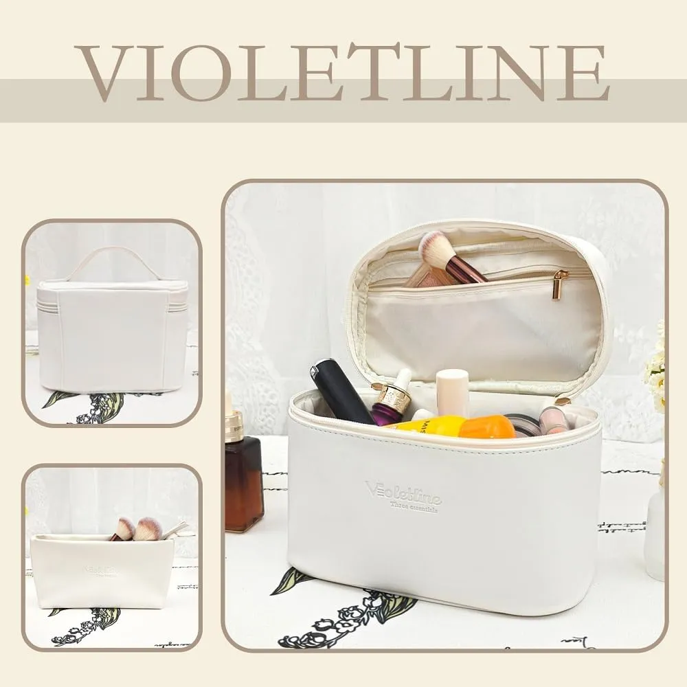 Travel Cosmetic Bag for Women, PU Leather Cosmetic Bag Set of 2, Waterproof, Large Makeup Bag with Handle (White makeup bag)