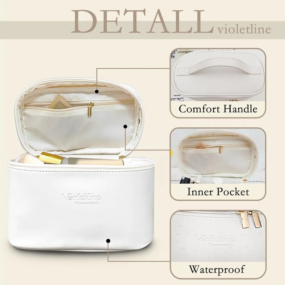 Travel Cosmetic Bag for Women, PU Leather Cosmetic Bag Set of 2, Waterproof, Large Makeup Bag with Handle (White makeup bag)