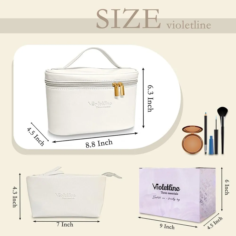 Travel Cosmetic Bag for Women, PU Leather Cosmetic Bag Set of 2, Waterproof, Large Makeup Bag with Handle (White makeup bag)