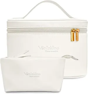 Travel Cosmetic Bag for Women, PU Leather Cosmetic Bag Set of 2, Waterproof, Large Makeup Bag with Handle (White makeup bag)