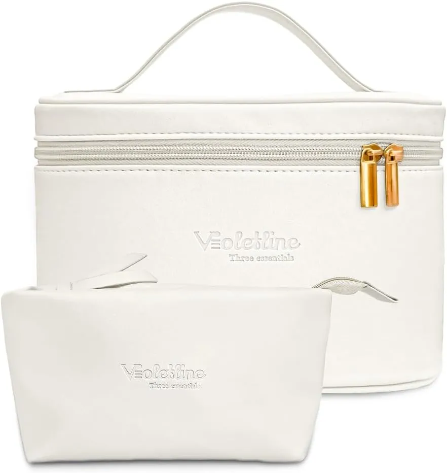 Travel Cosmetic Bag for Women, PU Leather Cosmetic Bag Set of 2, Waterproof, Large Makeup Bag with Handle (White makeup bag)