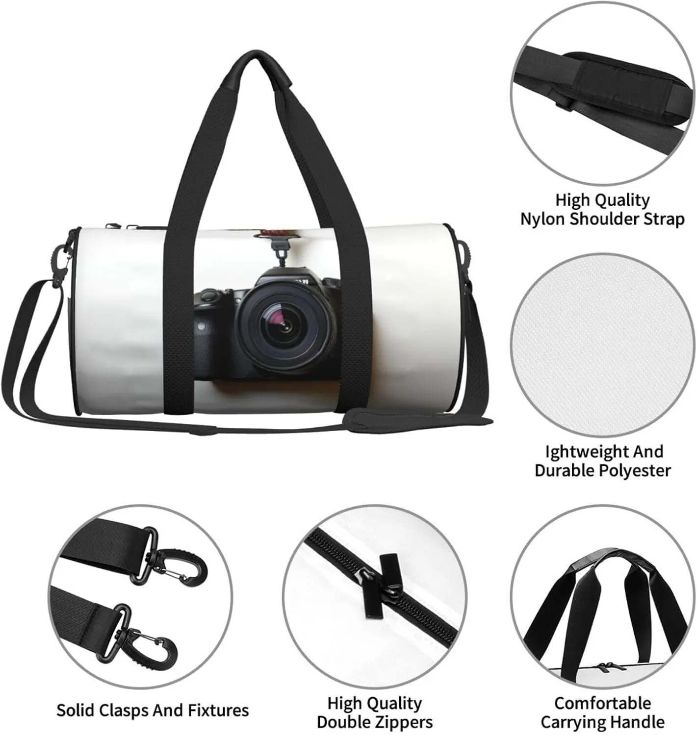 Travel Duffel Bag Camera Hanging On White Wall Weekender Overnight Bag For Men Women Large Capacity Sports Gym Bag Canvas Carry On Tote Bags For Travel Yoga