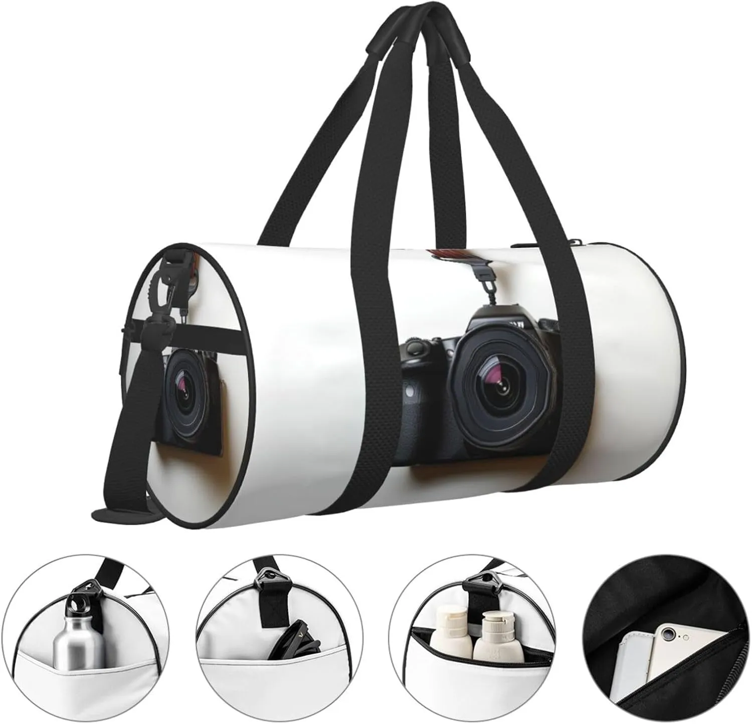Travel Duffel Bag Camera Hanging On White Wall Weekender Overnight Bag For Men Women Large Capacity Sports Gym Bag Canvas Carry On Tote Bags For Travel Yoga