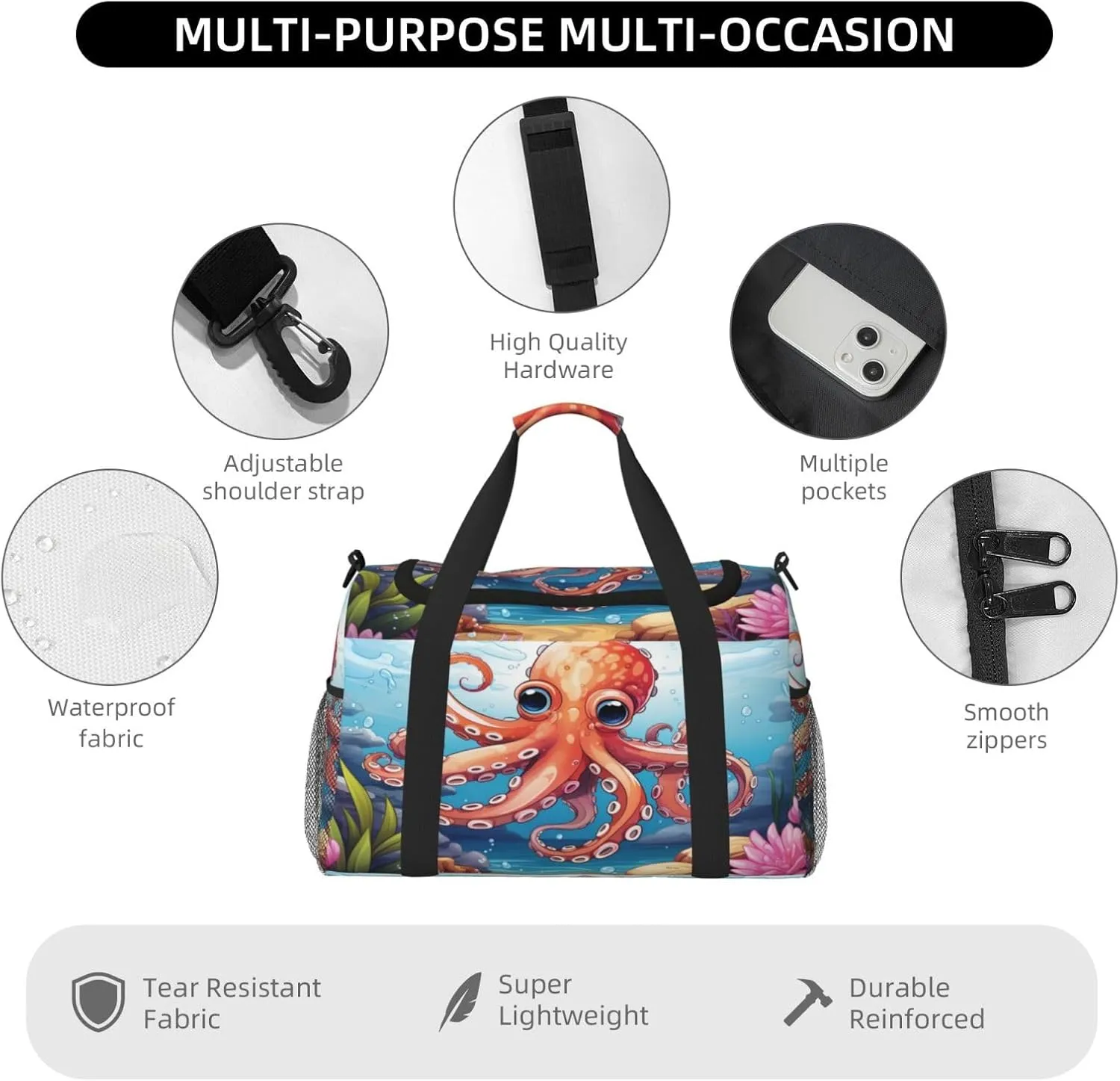 Travel Duffel Bag For Men Women, Cartoon Animal Red Octopus Carry On Sport Gym Bag With Shoulder Strap Lightweight Waterproof Weekender Bag Overnight Bag