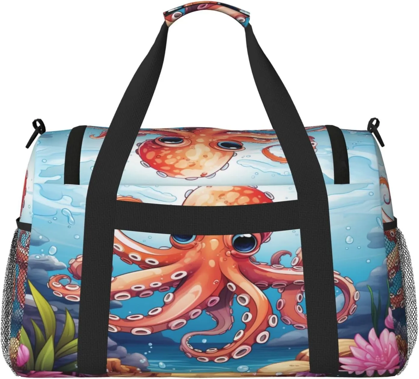 Travel Duffel Bag For Men Women, Cartoon Animal Red Octopus Carry On Sport Gym Bag With Shoulder Strap Lightweight Waterproof Weekender Bag Overnight Bag