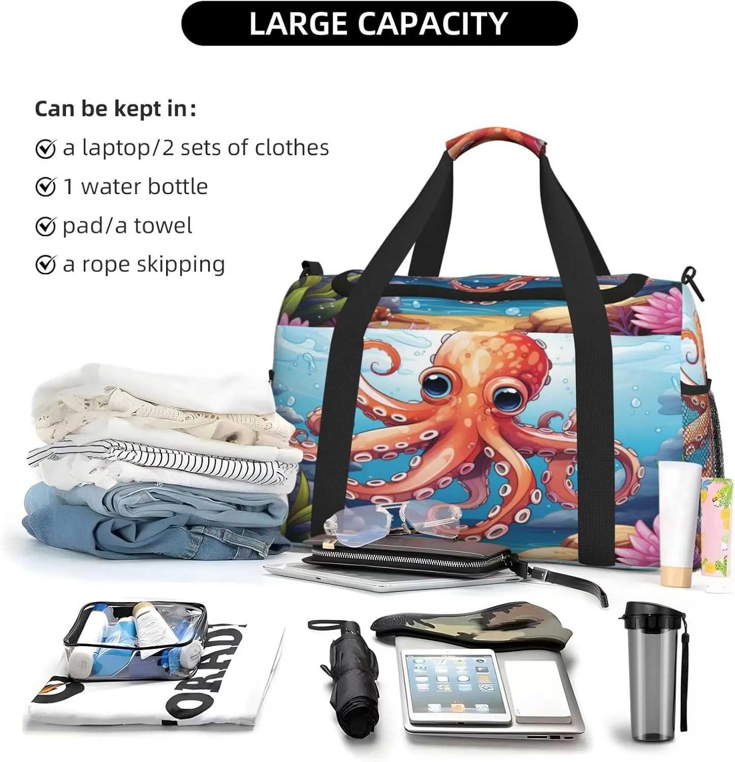 Travel Duffel Bag For Men Women, Cartoon Animal Red Octopus Carry On Sport Gym Bag With Shoulder Strap Lightweight Waterproof Weekender Bag Overnight Bag