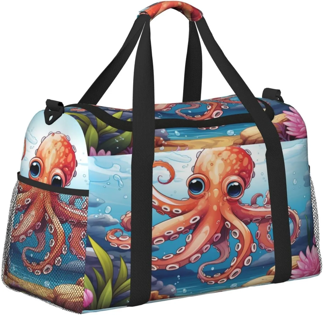 Travel Duffel Bag For Men Women, Cartoon Animal Red Octopus Carry On Sport Gym Bag With Shoulder Strap Lightweight Waterproof Weekender Bag Overnight Bag
