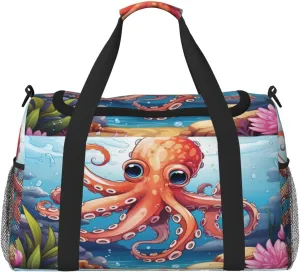 Travel Duffel Bag For Men Women, Cartoon Animal Red Octopus Carry On Sport Gym Bag With Shoulder Strap Lightweight Waterproof Weekender Bag Overnight Bag