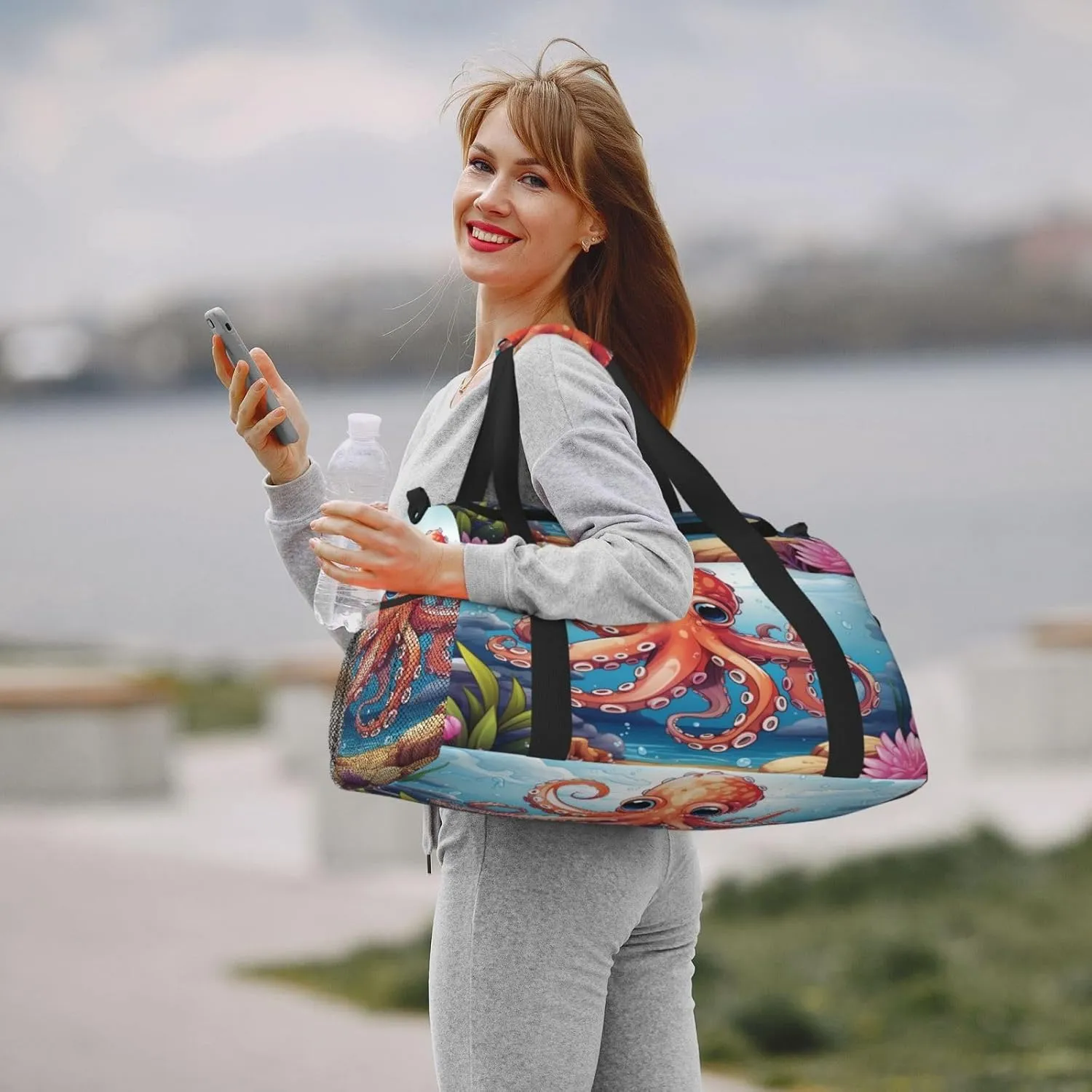 Travel Duffel Bag For Men Women, Cartoon Animal Red Octopus Carry On Sport Gym Bag With Shoulder Strap Lightweight Waterproof Weekender Bag Overnight Bag
