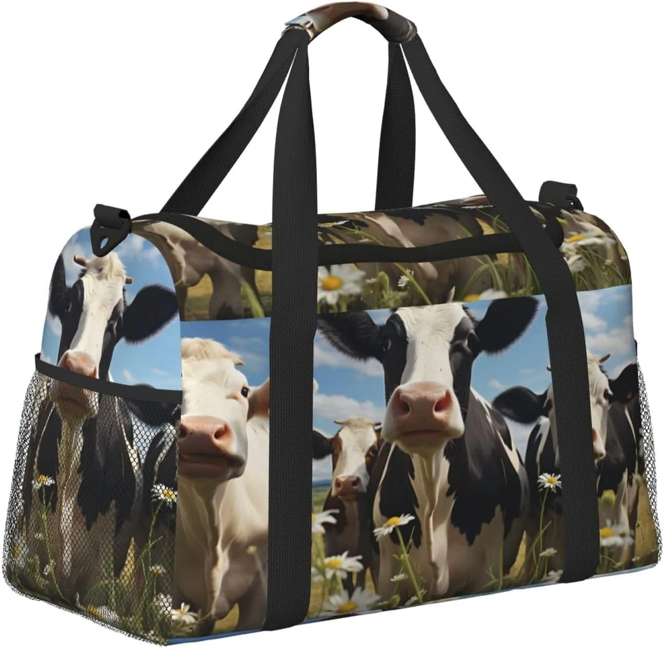 Travel Duffel Bag For Men Women, Farm Animal Cow Wild Flowers Carry On Sport Gym Bag With Shoulder Strap Lightweight Waterproof Weekender Bag Overnight Bag