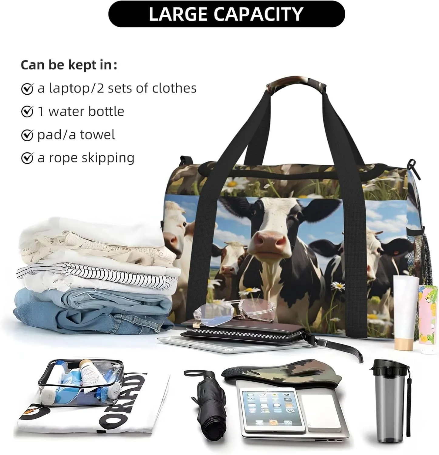 Travel Duffel Bag For Men Women, Farm Animal Cow Wild Flowers Carry On Sport Gym Bag With Shoulder Strap Lightweight Waterproof Weekender Bag Overnight Bag