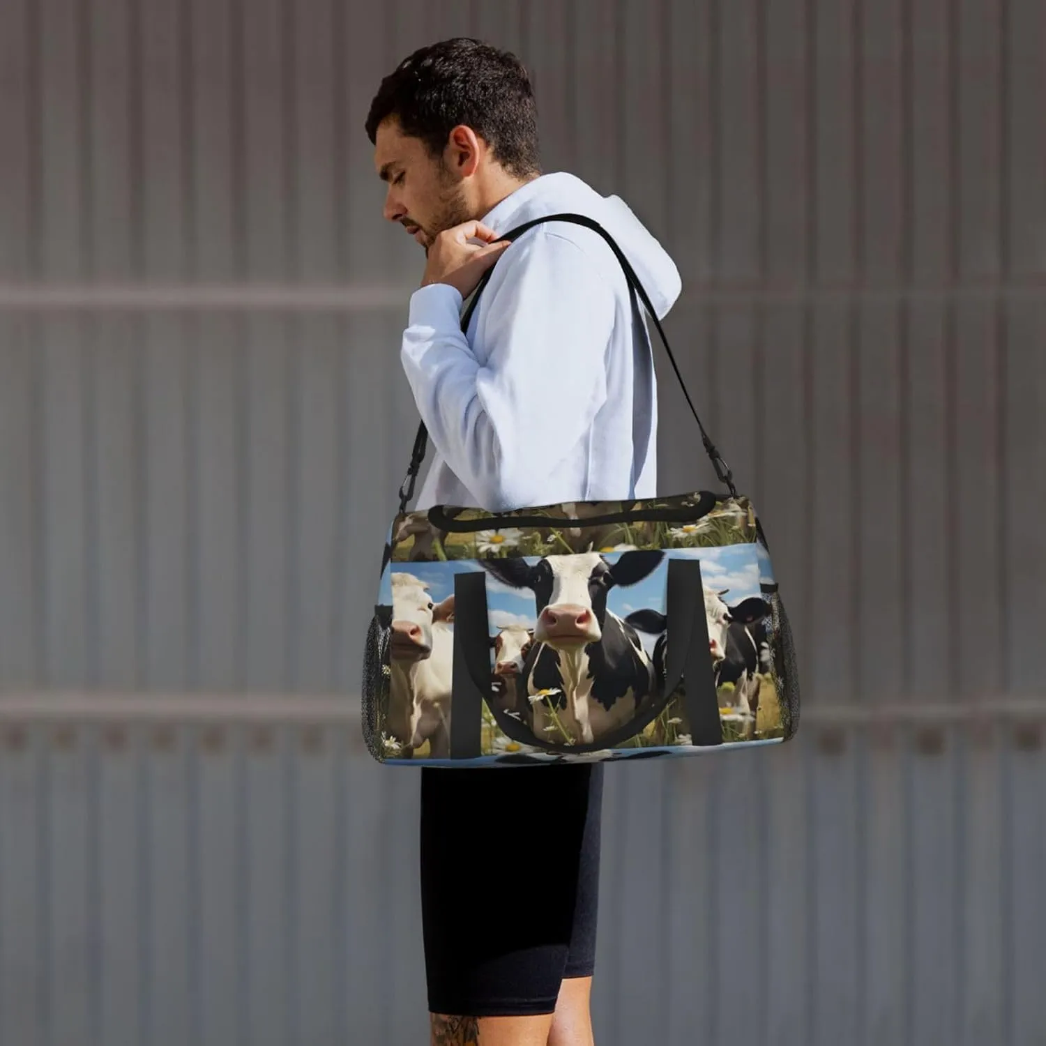 Travel Duffel Bag For Men Women, Farm Animal Cow Wild Flowers Carry On Sport Gym Bag With Shoulder Strap Lightweight Waterproof Weekender Bag Overnight Bag