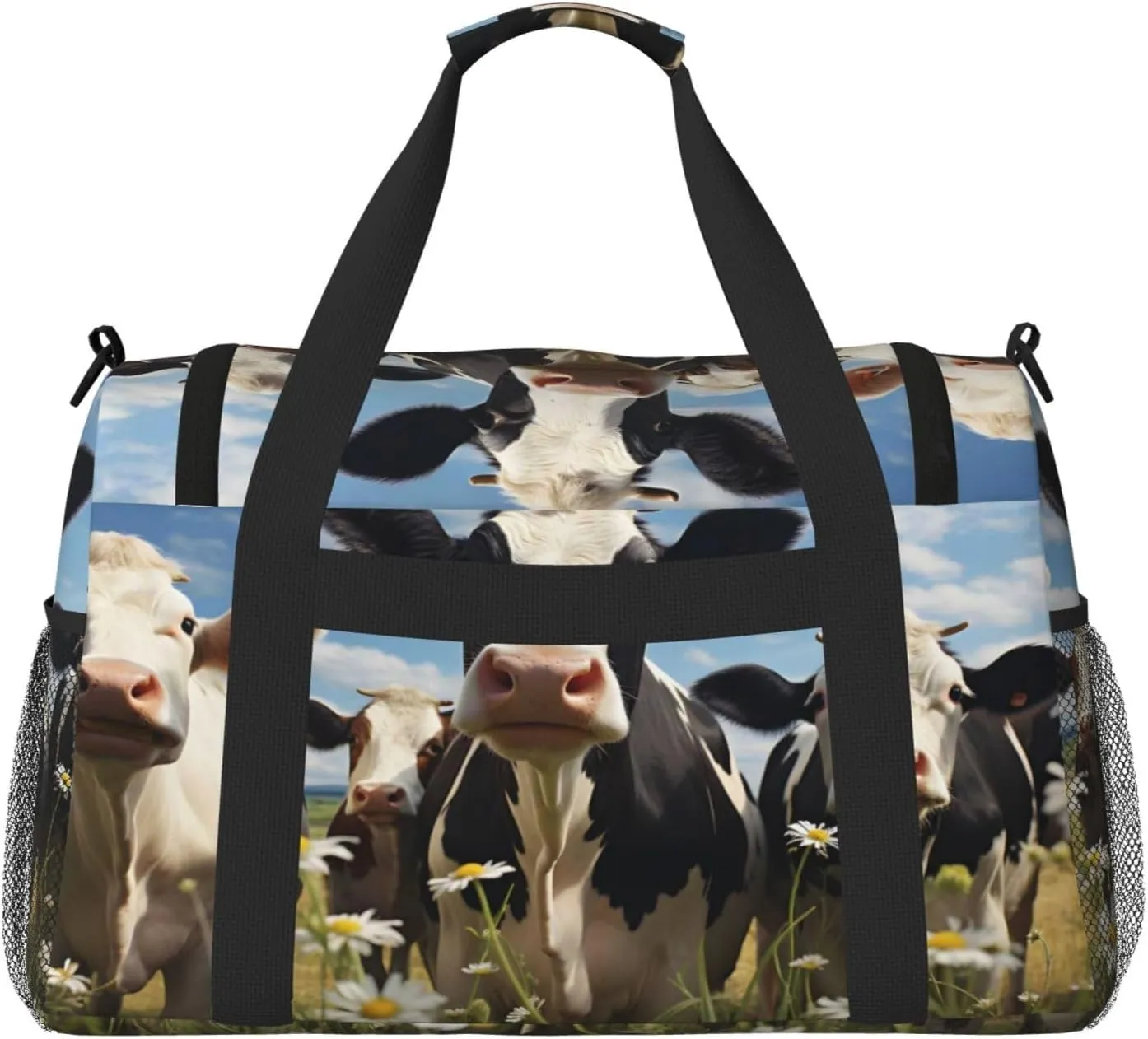 Travel Duffel Bag For Men Women, Farm Animal Cow Wild Flowers Carry On Sport Gym Bag With Shoulder Strap Lightweight Waterproof Weekender Bag Overnight Bag