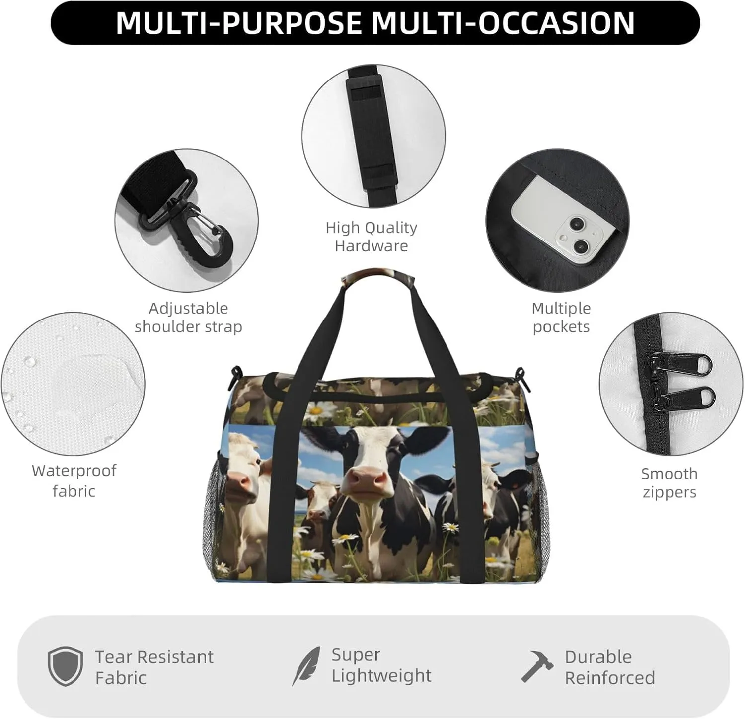 Travel Duffel Bag For Men Women, Farm Animal Cow Wild Flowers Carry On Sport Gym Bag With Shoulder Strap Lightweight Waterproof Weekender Bag Overnight Bag