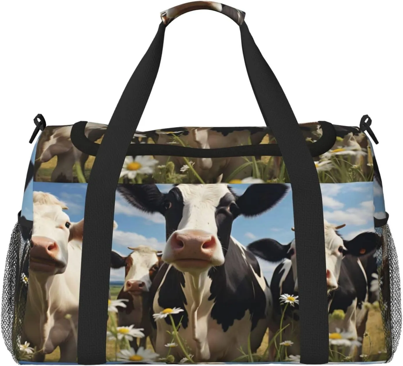 Travel Duffel Bag For Men Women, Farm Animal Cow Wild Flowers Carry On Sport Gym Bag With Shoulder Strap Lightweight Waterproof Weekender Bag Overnight Bag
