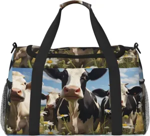 Travel Duffel Bag For Men Women, Farm Animal Cow Wild Flowers Carry On Sport Gym Bag With Shoulder Strap Lightweight Waterproof Weekender Bag Overnight Bag