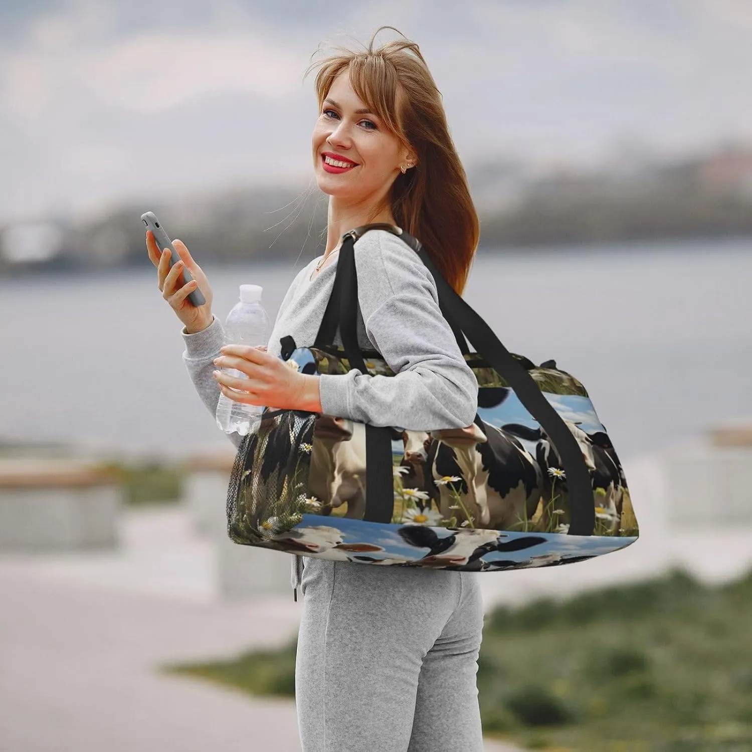 Travel Duffel Bag For Men Women, Farm Animal Cow Wild Flowers Carry On Sport Gym Bag With Shoulder Strap Lightweight Waterproof Weekender Bag Overnight Bag