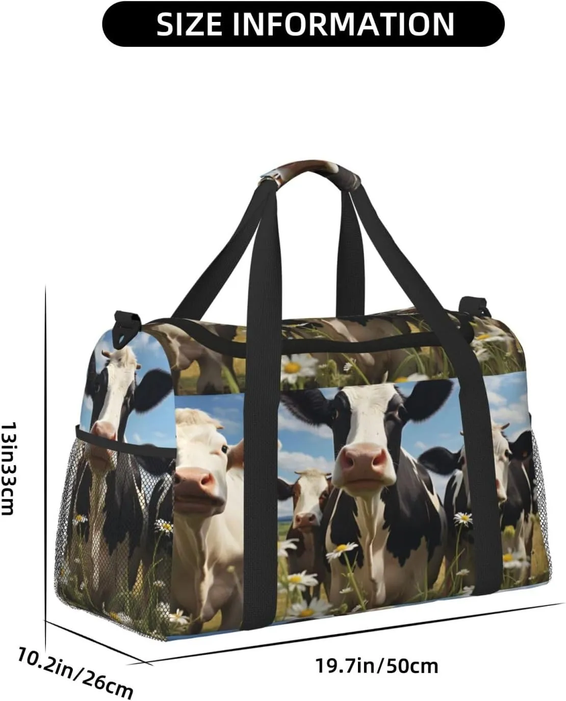 Travel Duffel Bag For Men Women, Farm Animal Cow Wild Flowers Carry On Sport Gym Bag With Shoulder Strap Lightweight Waterproof Weekender Bag Overnight Bag