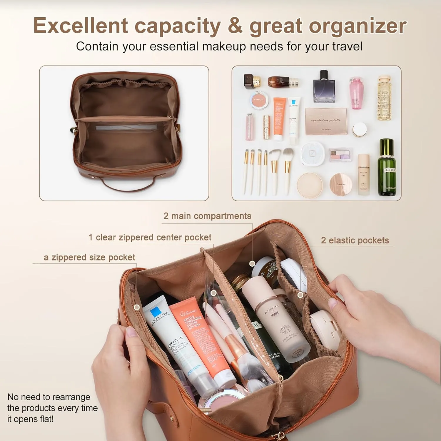 Travel Makeup Bag Large Capacity, Toiletry Bag, Portable Make up Organizer Cosmetics Bag with Handle, Travel Bag for Cosmetic, Gift for Her, Brown