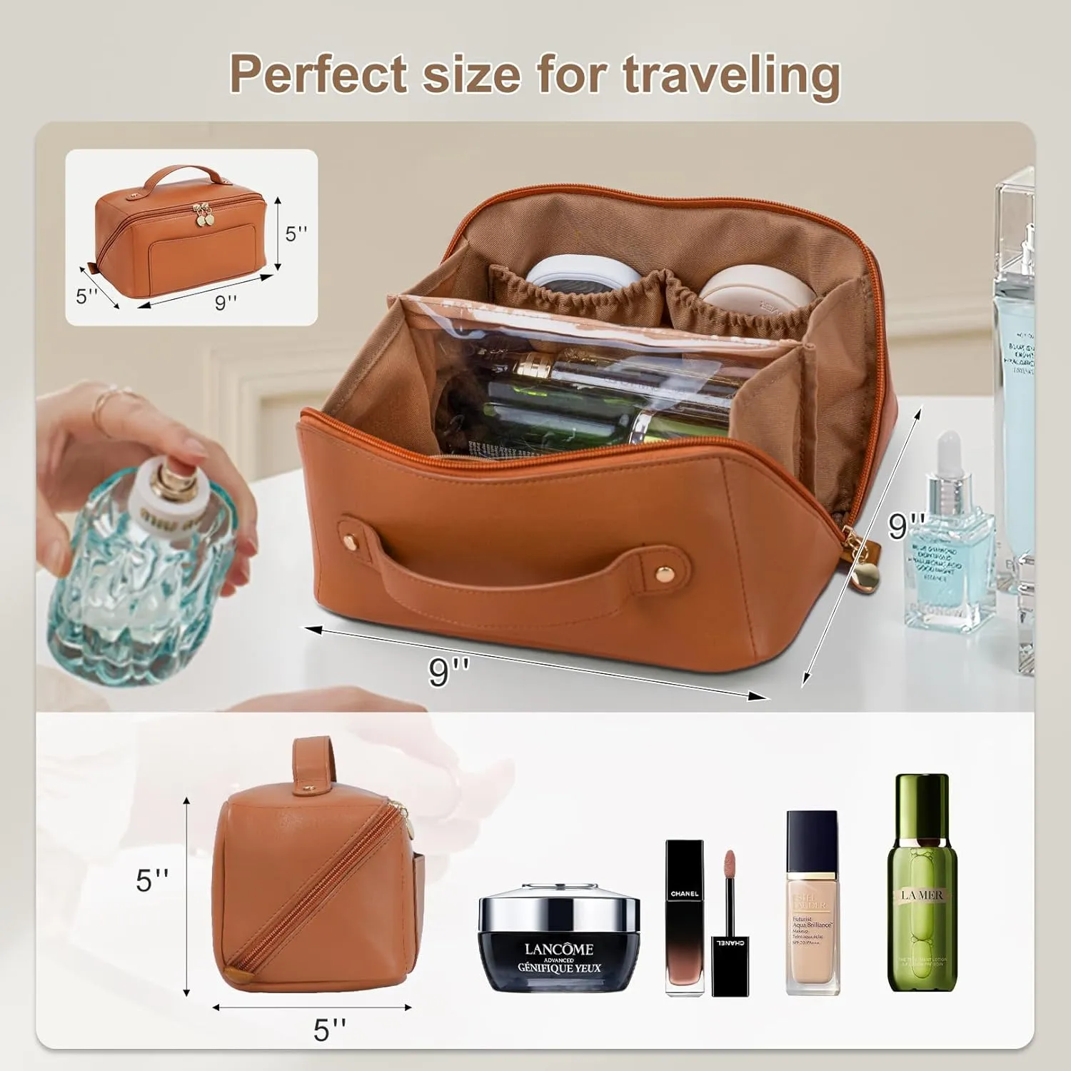 Travel Makeup Bag Large Capacity, Toiletry Bag, Portable Make up Organizer Cosmetics Bag with Handle, Travel Bag for Cosmetic, Gift for Her, Brown