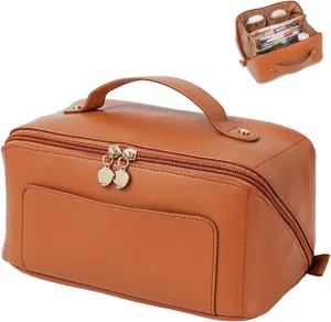 Travel Makeup Bag Large Capacity, Toiletry Bag, Portable Make up Organizer Cosmetics Bag with Handle, Travel Bag for Cosmetic, Gift for Her, Brown