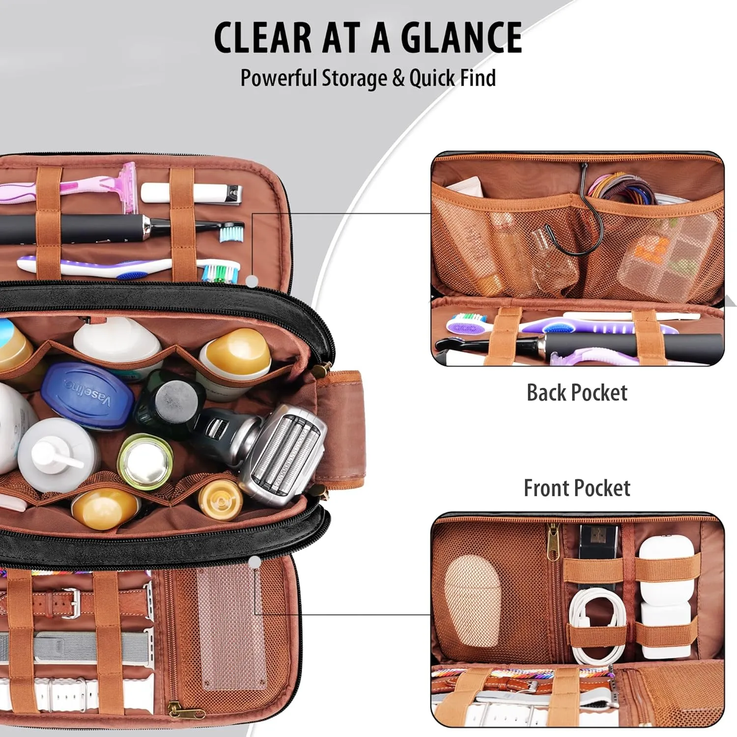Travel Toiletry Bag for Men, Large Hanging Toiletries Organizer Bags for Women, Cruise Ship Essentials, Water-resistant Shaving Case, PU Leather Makeup Accessories, Cosmetic Dopp Kit, Black