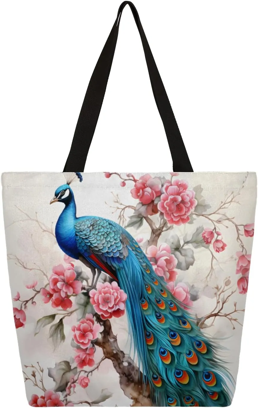 Tree Branch Flower Beautiful Peacock Large Capacity Canvas Tote Bag Stylish Handheld Shoulder Bag Reusable Shopping Bag for Work Travel Beach Trips Shopping