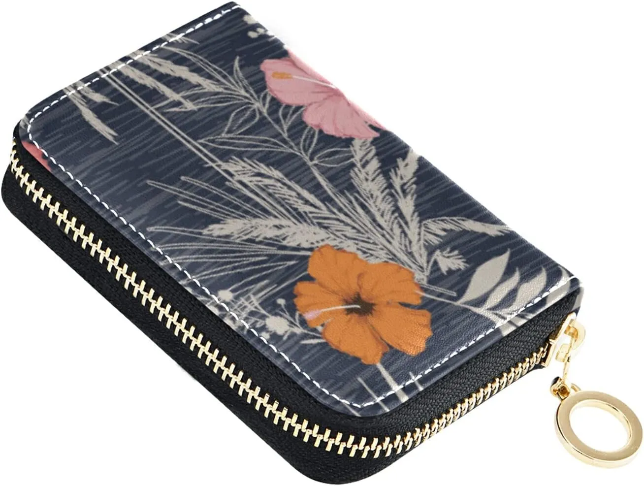 Trendy Hawaii Tropical Exotic Hibiscus Flowers with Palm LeavesGrey Credit Card Coin wallet, RFID Blocking Compact Women Leather Card Holder, Key Change Organizer, Zipper Purse Clutch Pouch