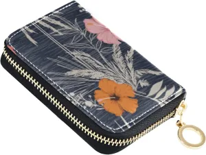 Trendy Hawaii Tropical Exotic Hibiscus Flowers with Palm LeavesGrey Credit Card Coin wallet, RFID Blocking Compact Women Leather Card Holder, Key Change Organizer, Zipper Purse Clutch Pouch