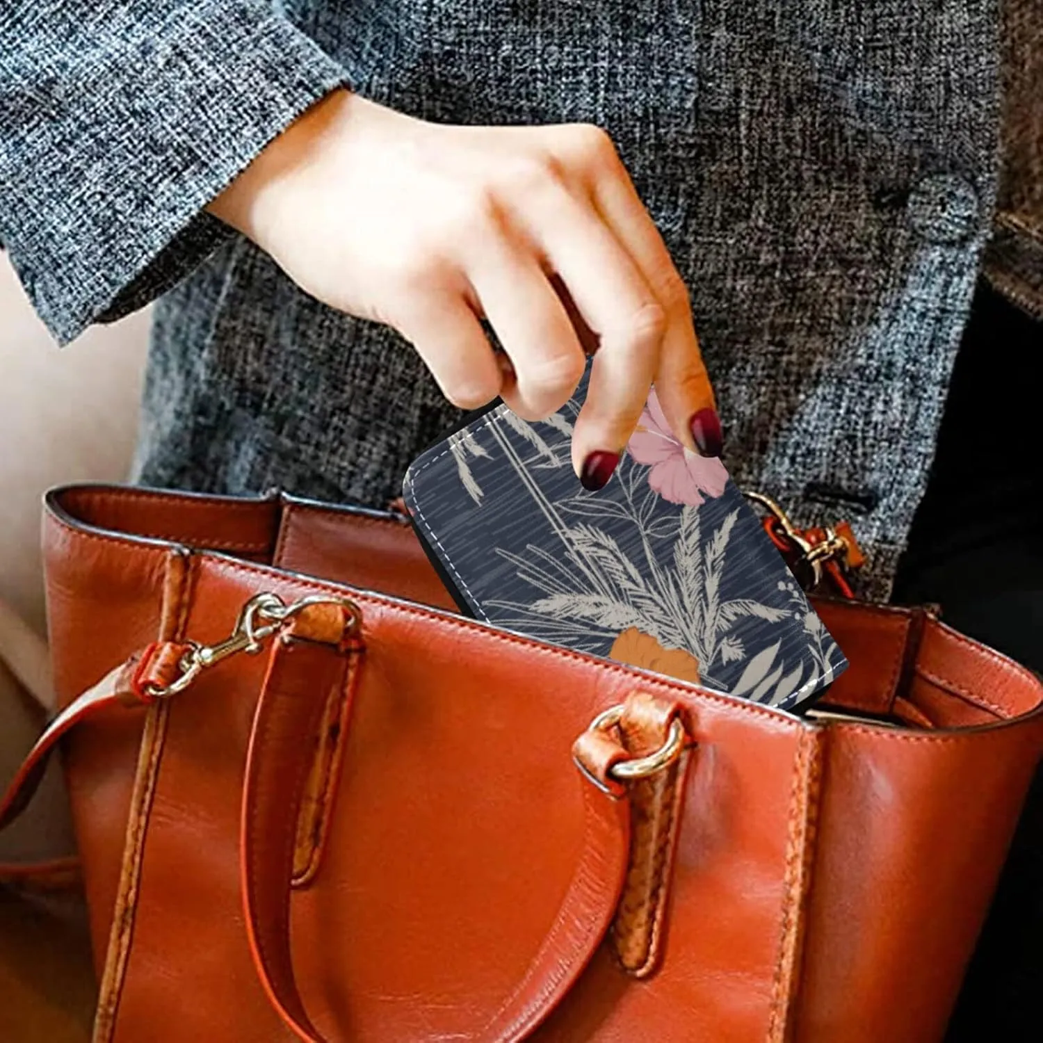 Trendy Hawaii Tropical Exotic Hibiscus Flowers with Palm LeavesGrey Credit Card Coin wallet, RFID Blocking Compact Women Leather Card Holder, Key Change Organizer, Zipper Purse Clutch Pouch