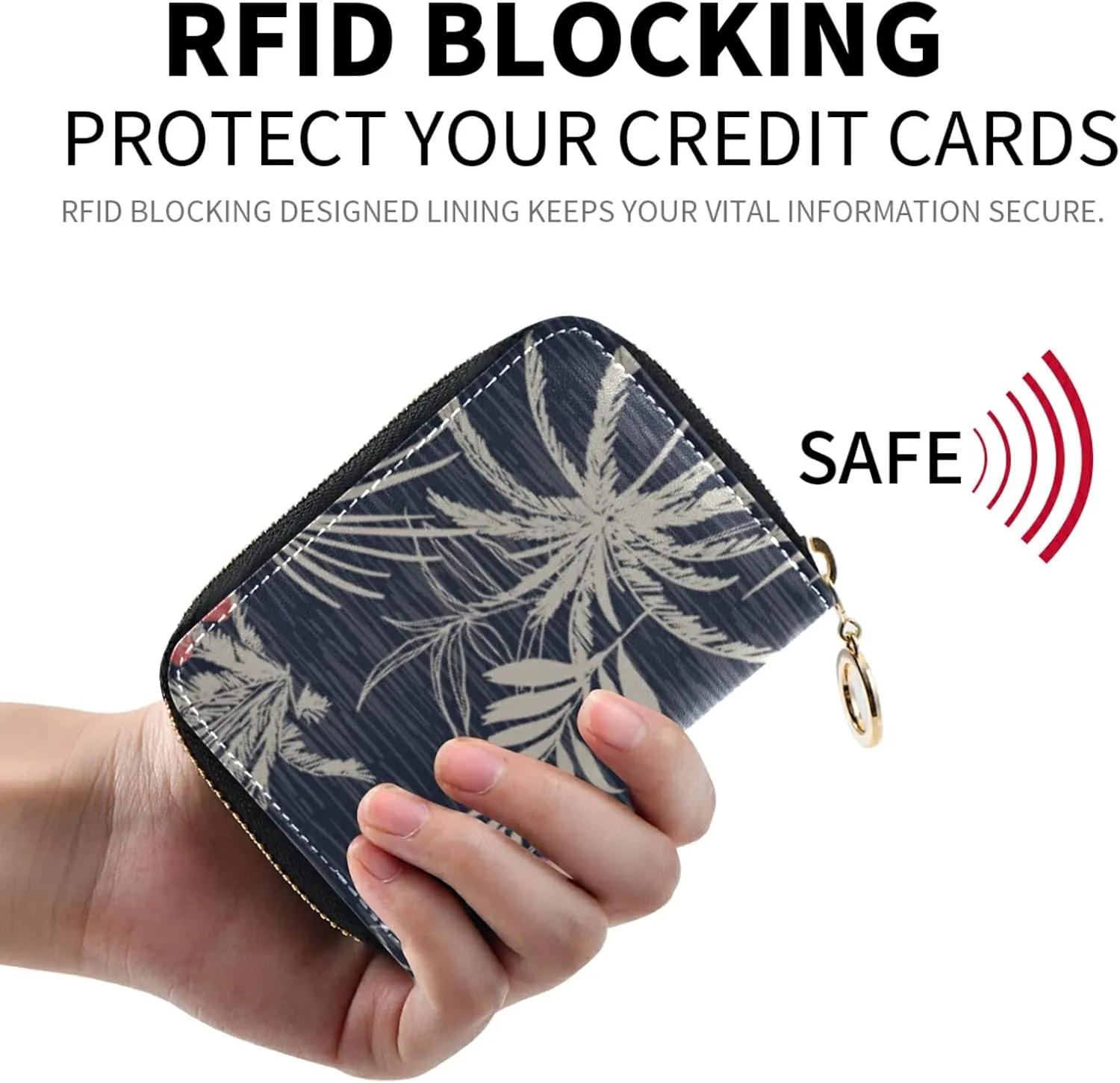 Trendy Hawaii Tropical Exotic Hibiscus Flowers with Palm LeavesGrey Credit Card Coin wallet, RFID Blocking Compact Women Leather Card Holder, Key Change Organizer, Zipper Purse Clutch Pouch