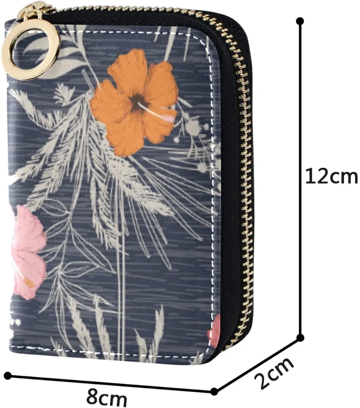 Trendy Hawaii Tropical Exotic Hibiscus Flowers with Palm LeavesGrey Credit Card Coin wallet, RFID Blocking Compact Women Leather Card Holder, Key Change Organizer, Zipper Purse Clutch Pouch