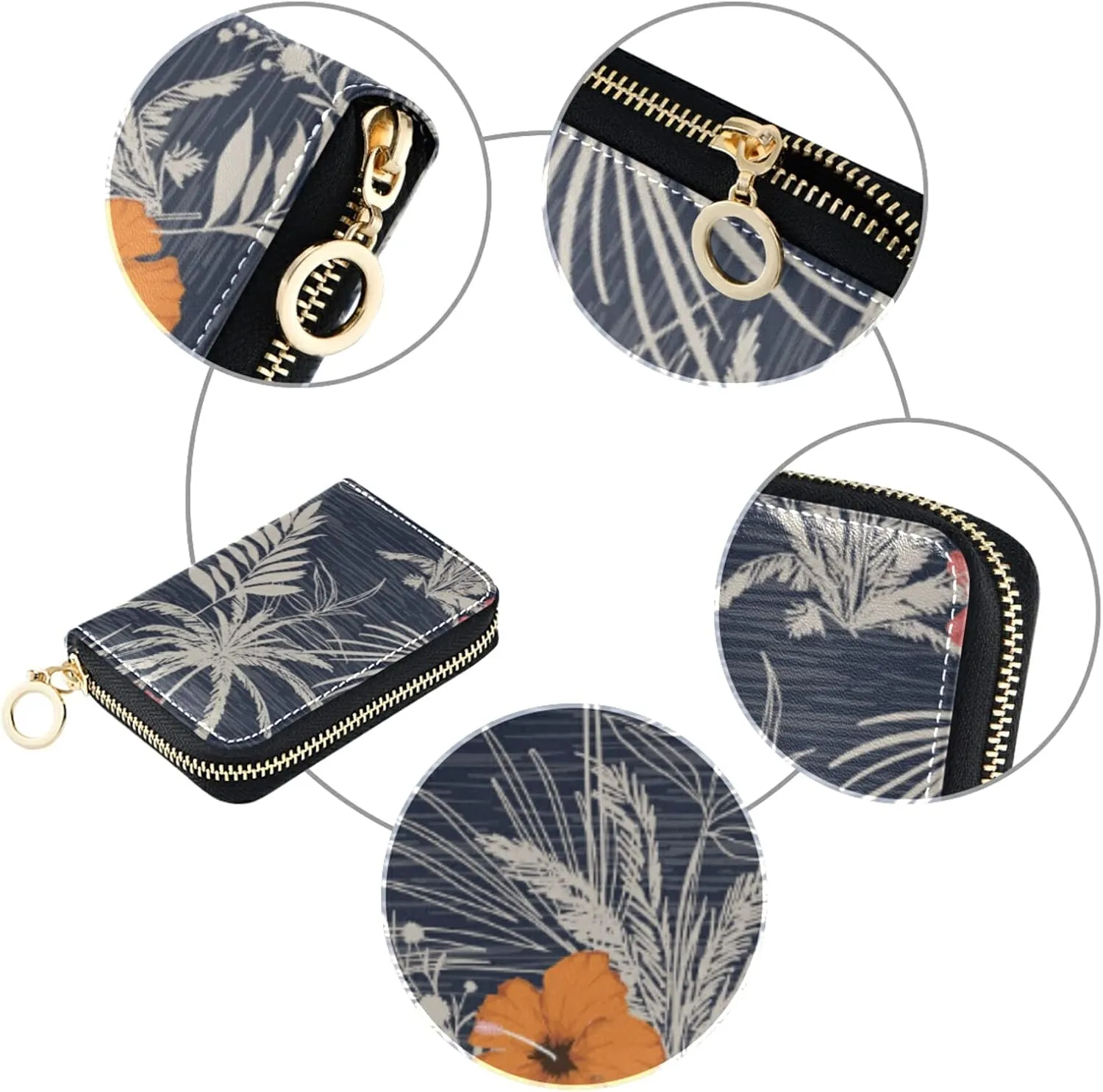 Trendy Hawaii Tropical Exotic Hibiscus Flowers with Palm LeavesGrey Credit Card Coin wallet, RFID Blocking Compact Women Leather Card Holder, Key Change Organizer, Zipper Purse Clutch Pouch