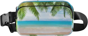 Tropical Ocean Beach with Coconut Palm Tree Leaves Blue Sea Adjustable Belt Running Bag, Crossbody Fanny Pack Waist Runners Bag Tote for Women Men Sports Hiking Fitness Exercise Gym Pouch