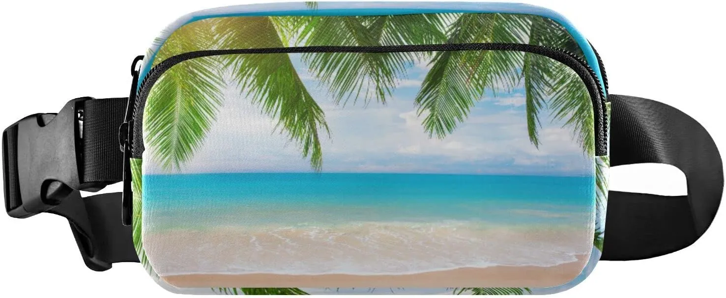 Tropical Ocean Beach with Coconut Palm Tree Leaves Blue Sea Adjustable Belt Running Bag, Crossbody Fanny Pack Waist Runners Bag Tote for Women Men Sports Hiking Fitness Exercise Gym Pouch