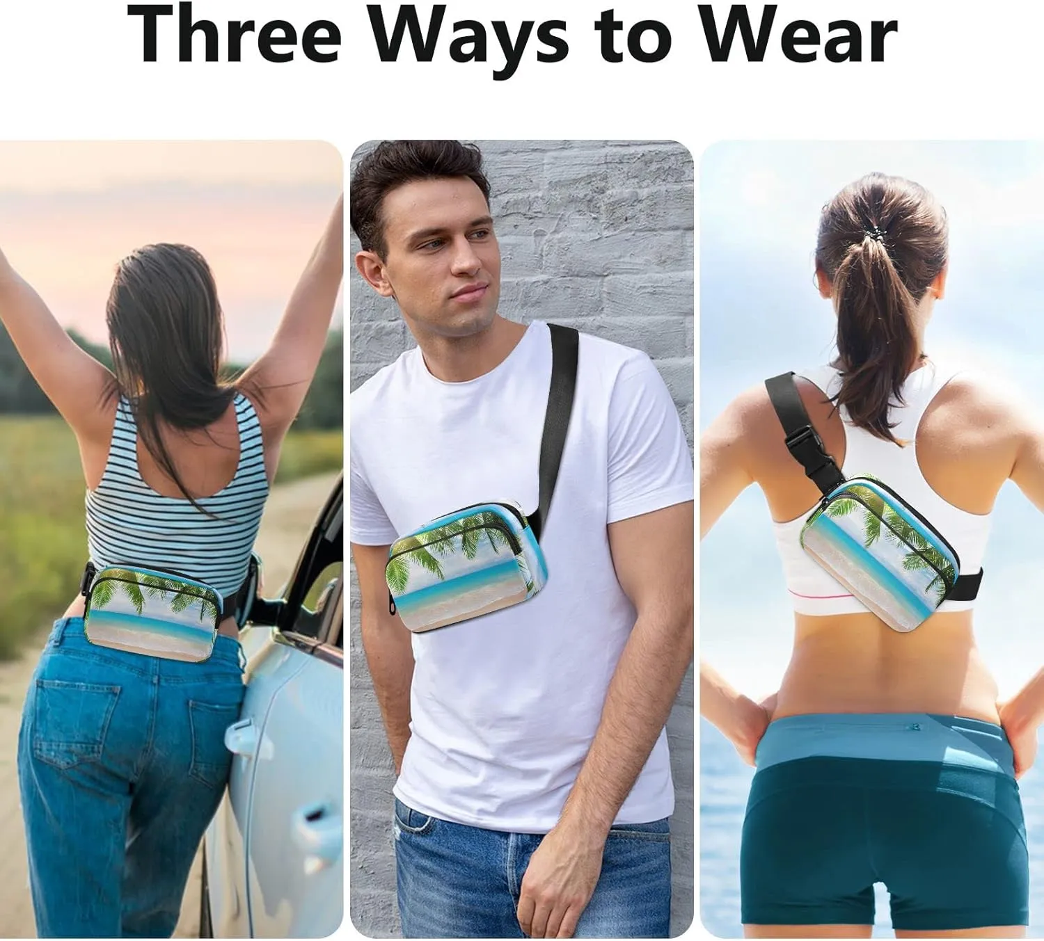 Tropical Ocean Beach with Coconut Palm Tree Leaves Blue Sea Adjustable Belt Running Bag, Crossbody Fanny Pack Waist Runners Bag Tote for Women Men Sports Hiking Fitness Exercise Gym Pouch