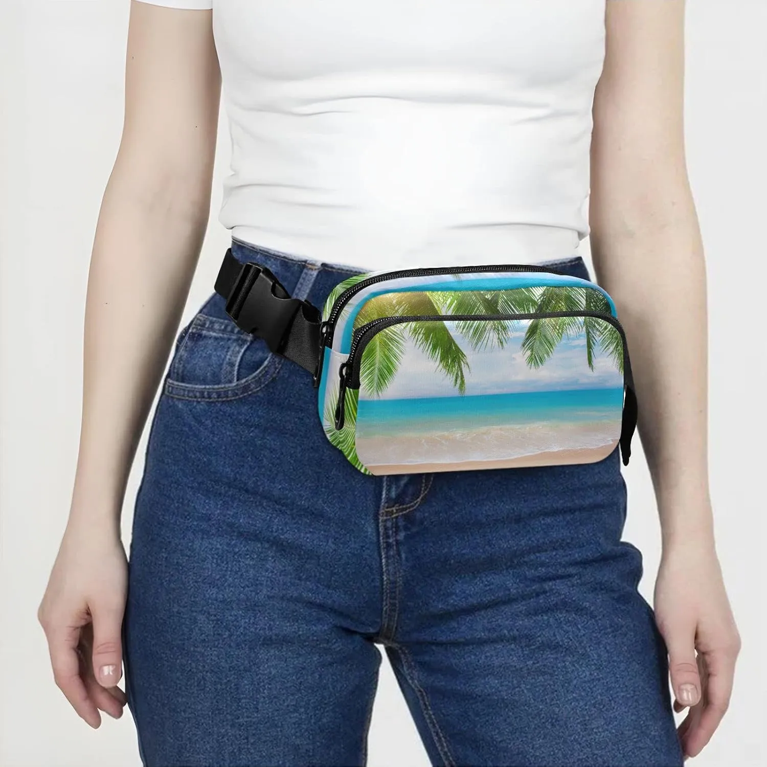 Tropical Ocean Beach with Coconut Palm Tree Leaves Blue Sea Adjustable Belt Running Bag, Crossbody Fanny Pack Waist Runners Bag Tote for Women Men Sports Hiking Fitness Exercise Gym Pouch