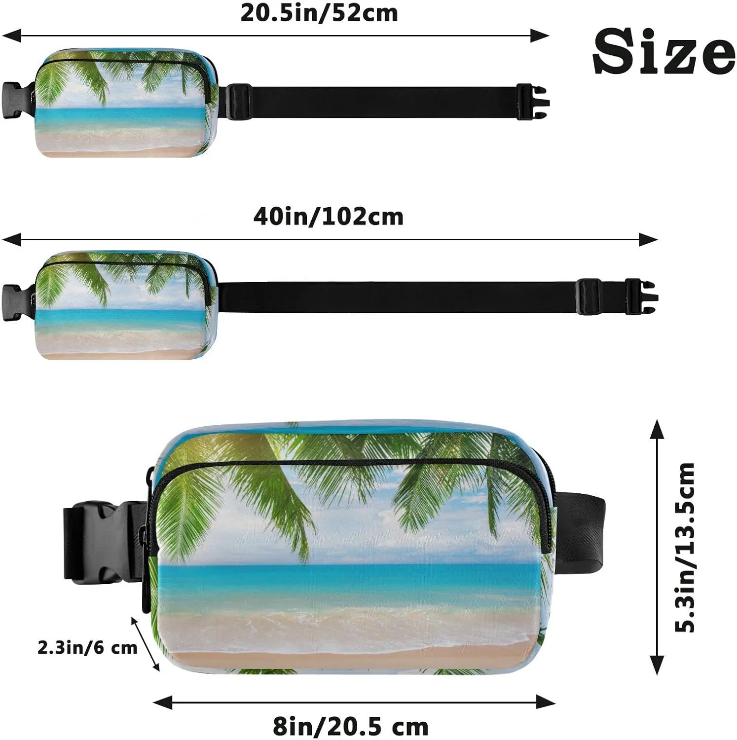 Tropical Ocean Beach with Coconut Palm Tree Leaves Blue Sea Adjustable Belt Running Bag, Crossbody Fanny Pack Waist Runners Bag Tote for Women Men Sports Hiking Fitness Exercise Gym Pouch