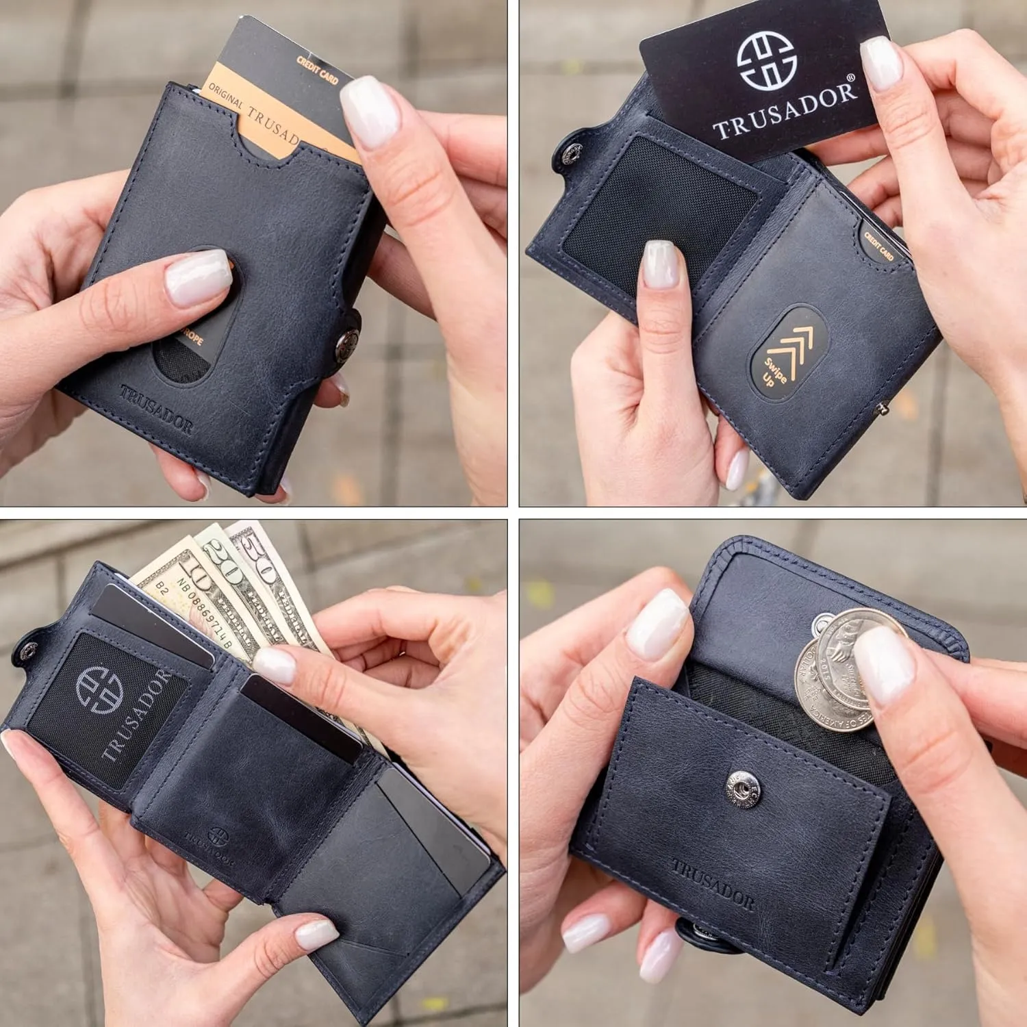 TRUSADOR Valencia Unisex Leather Wallet Small Compact Front Pocket RFID With Coin Pocket Wallets (With Coin Pocket, Navy)