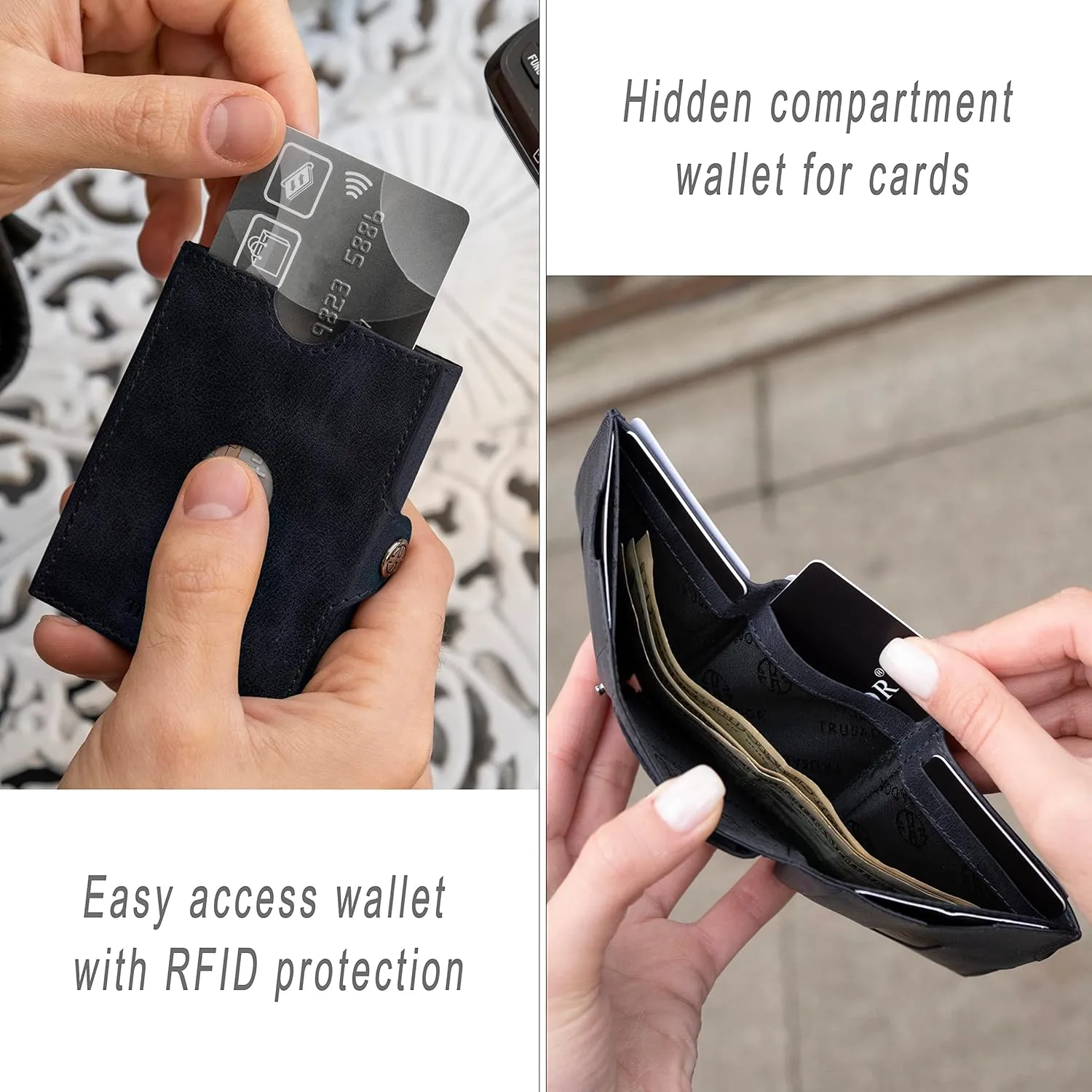 TRUSADOR Valencia Unisex Leather Wallet Small Compact Front Pocket RFID With Coin Pocket Wallets (With Coin Pocket, Navy)