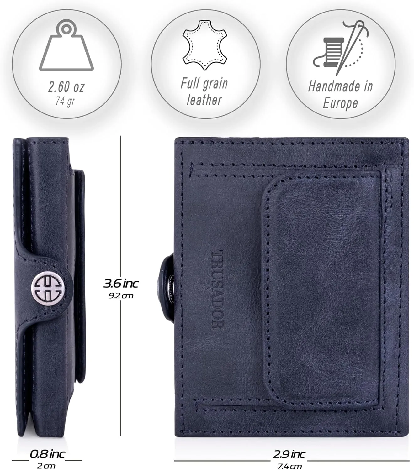 TRUSADOR Valencia Unisex Leather Wallet Small Compact Front Pocket RFID With Coin Pocket Wallets (With Coin Pocket, Navy)