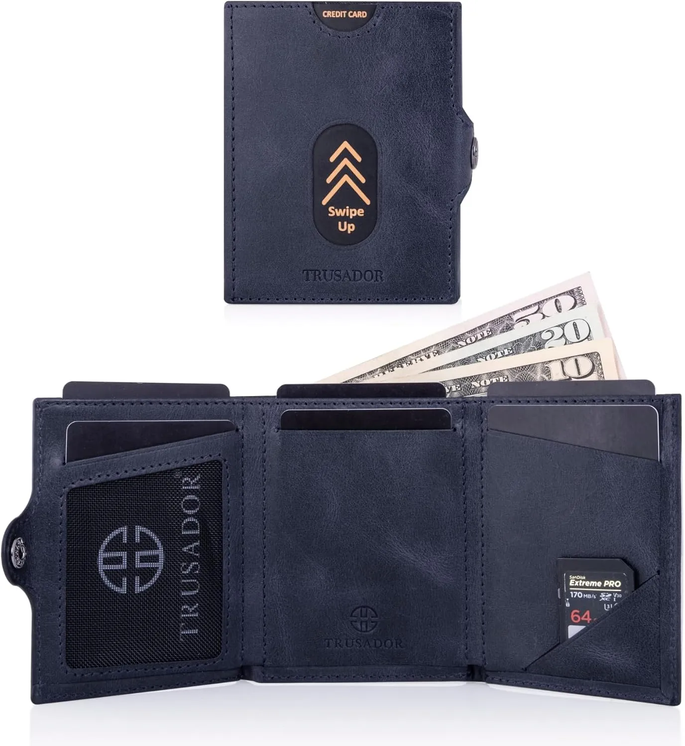TRUSADOR Valencia Unisex Leather Wallet Small Compact Front Pocket RFID With Coin Pocket Wallets (With Coin Pocket, Navy)